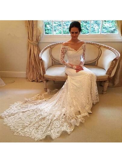 Vestido de novia de encaje con mangas largas y hombros descubiertos 