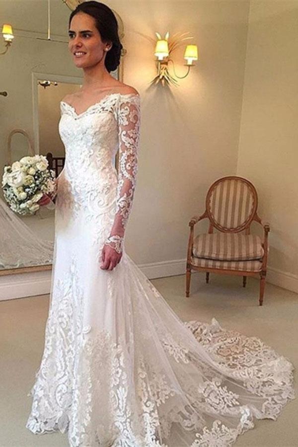 Vestido de novia de encaje con mangas largas y hombros descubiertos 