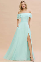 Off the Shoulder Mini-Green Front Slit Bridesmaid Dress Aline Beach Wedding Dress