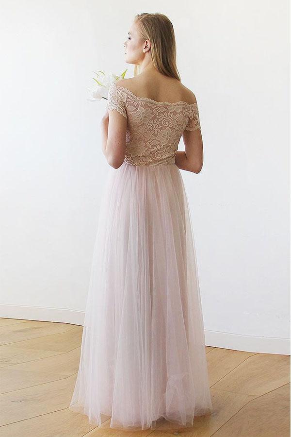 Vestido de novia largo de tul y encaje rosa con hombros descubiertos