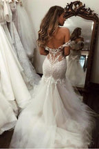Robe de mariée élégante en tulle long avec dentelle sirène et épaules dénudées