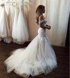 Robe de mariée élégante en tulle long avec dentelle sirène et épaules dénudées