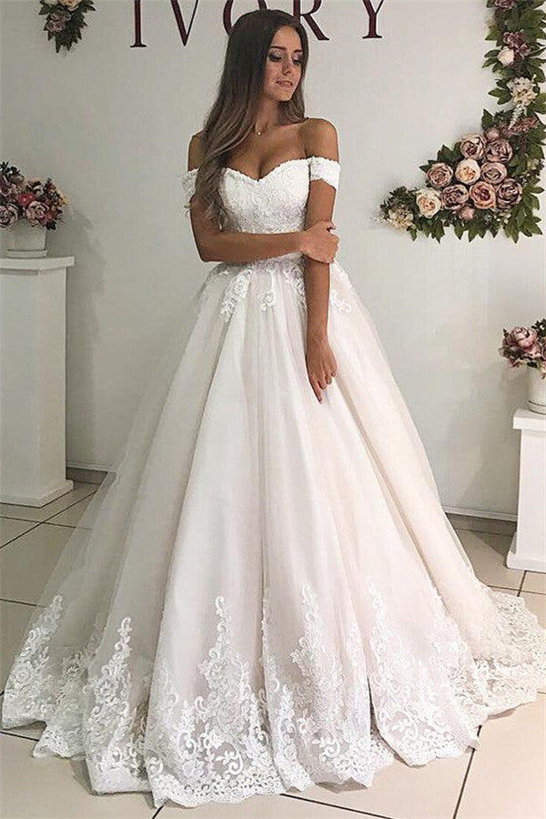 Off The Shoulder Princess Lace Wedding Dress With Appliques And Zipper Back