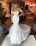 Robe de mariée en tulle bouffant à épaules dénudées, sirène, appliques, traîne balayante, tenue nuptiale