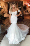 Robe de mariée en tulle bouffant à épaules dénudées, sirène, appliques, traîne balayante, tenue nuptiale