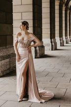 Off-the-Shoulder Satin Mermaid Prom Dress Side Slit with Detachable Train