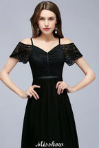 Schulterfreie ärmellose bodenlange A-Linien Brautjungfernkleider aus Chiffon mit Spitzen und V-Ausschnitt Ballkleid