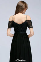 Schulterfreie ärmellose bodenlange A-Linien Brautjungfernkleider aus Chiffon mit Spitzen und V-Ausschnitt Ballkleid