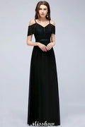 Schulterfreie ärmellose bodenlange A-Linien Brautjungfernkleider aus Chiffon mit Spitzen und V-Ausschnitt Ballkleid