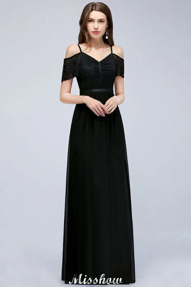 Schulterfreie ärmellose bodenlange A-Linien Brautjungfernkleider aus Chiffon mit Spitzen und V-Ausschnitt Ballkleid