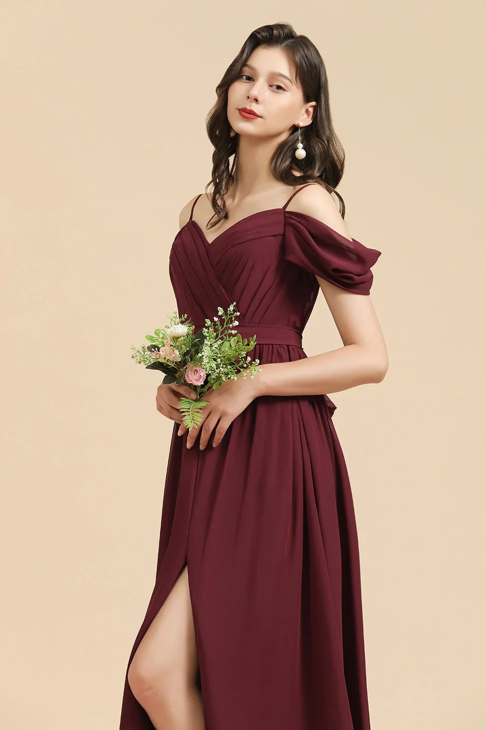 Off-the-Shoulder Sweetheart Burgundy Long Bridesmaid Dress With Slit