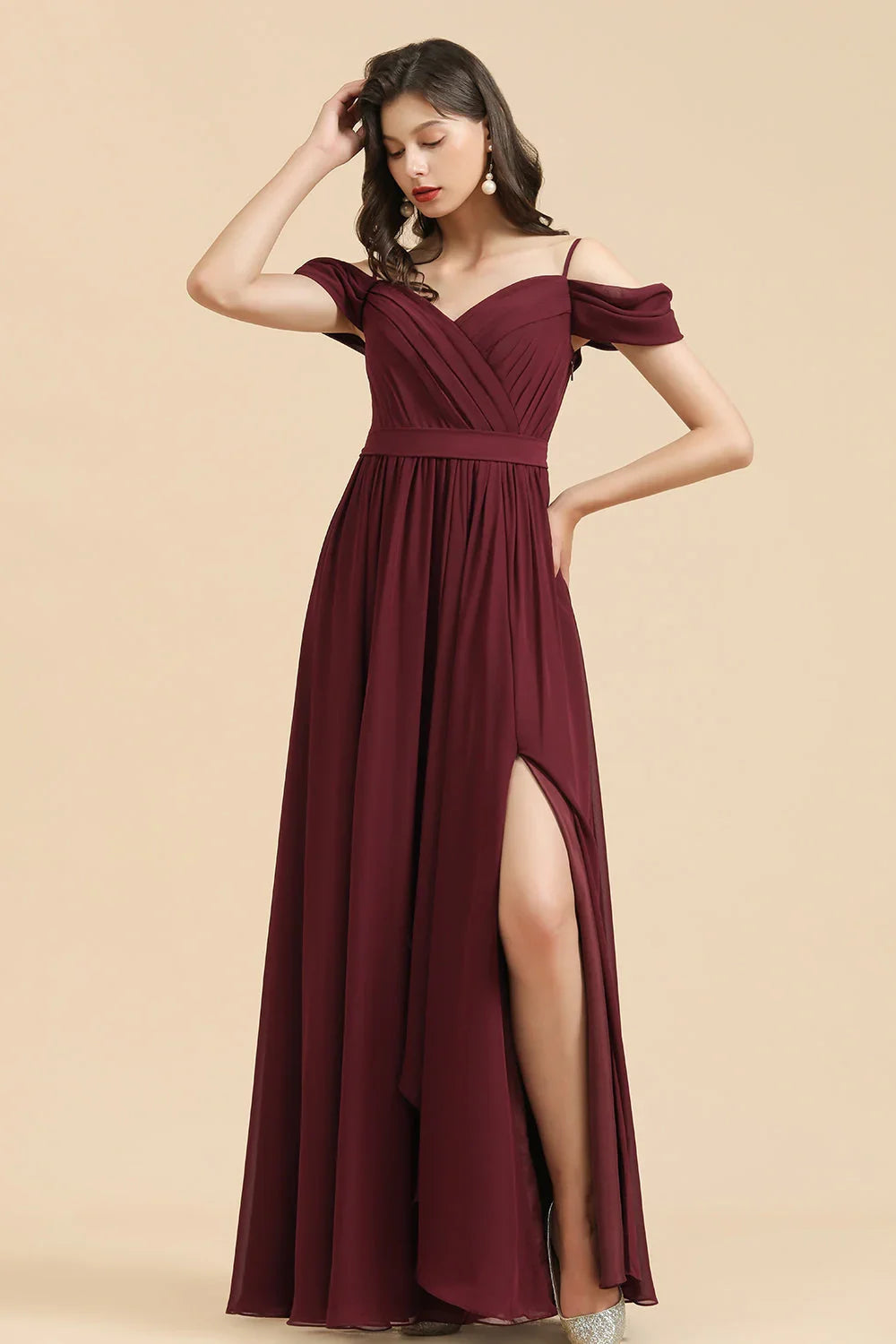 Off-the-Shoulder Sweetheart Burgundy Long Bridesmaid Dress With Slit