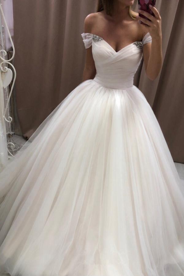 Vestidos de Noiva Brancos com Decote Ombro a Ombro em Tule e Coração