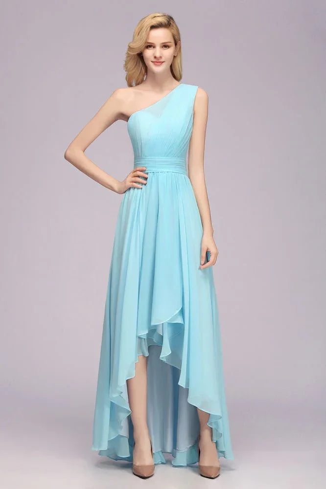 Ein-Schulter A-Linien Hi-lo Chiffon Brautjungfernkleider für Frauen