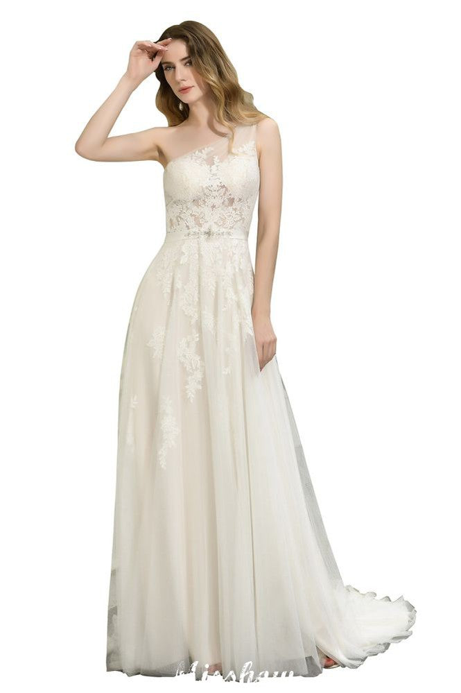 Robe de mariée en tulle à bretelle unique, ligne A, sans manches, pour mariage au printemps sur la plage