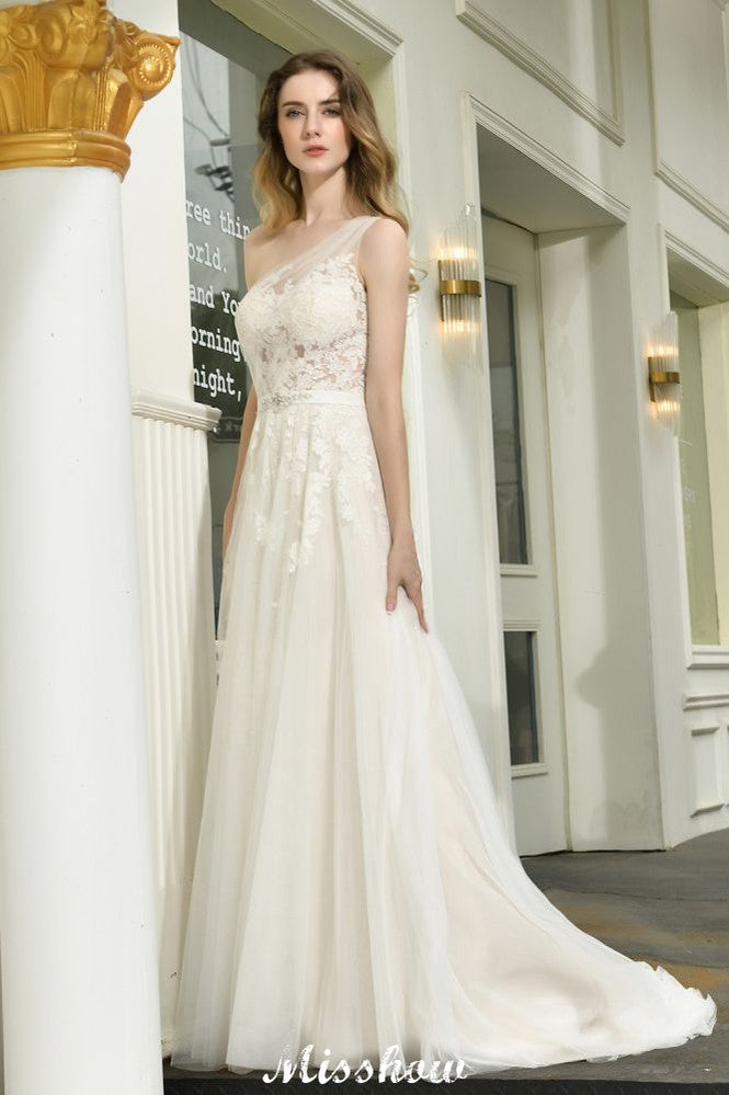 Robe de mariée en tulle à bretelle unique, ligne A, sans manches, pour mariage au printemps sur la plage