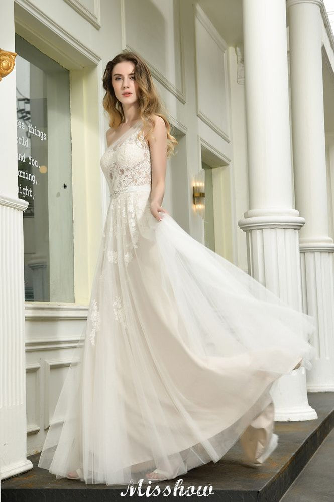 Robe de mariée en tulle à bretelle unique, ligne A, sans manches, pour mariage au printemps sur la plage