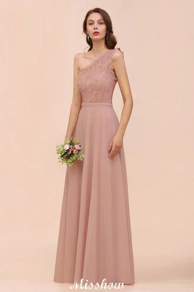 One Shoulder Chiffon Bridesmaid Dress Dusty Pink Wedding Guest Dress for Bride