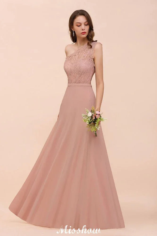 One Shoulder Chiffon Bridesmaid Dress Dusty Pink Wedding Guest Dress for Bride