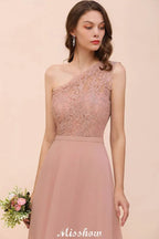 One Shoulder Chiffon Bridesmaid Dress Dusty Pink Wedding Guest Dress for Bride