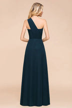 Vestido de Dama de Honra Comprido até ao Chão com Um Ombro Só, Corte em A, em Chiffon para Festa de Casamento