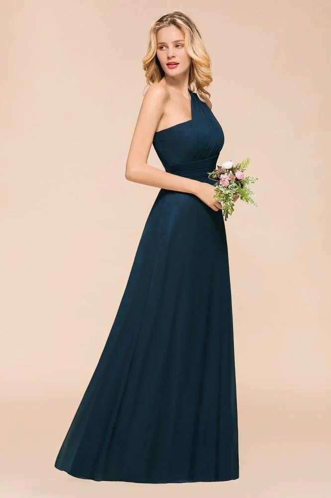 Vestido de Dama de Honra Comprido até ao Chão com Um Ombro Só, Corte em A, em Chiffon para Festa de Casamento