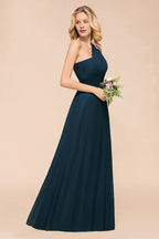 Vestido de Dama de Honra Comprido até ao Chão com Um Ombro Só, Corte em A, em Chiffon para Festa de Casamento