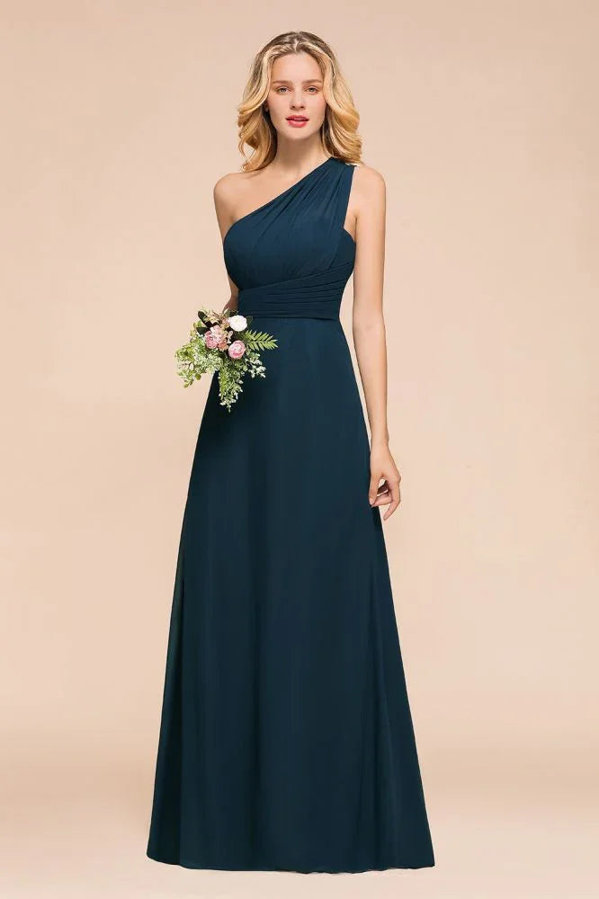 Vestido de Dama de Honra Comprido até ao Chão com Um Ombro Só, Corte em A, em Chiffon para Festa de Casamento