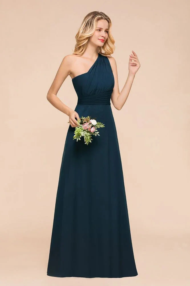 Vestido de Dama de Honra Comprido até ao Chão com Um Ombro Só, Corte em A, em Chiffon para Festa de Casamento