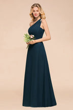 Vestido de Dama de Honra Comprido até ao Chão com Um Ombro Só, Corte em A, em Chiffon para Festa de Casamento