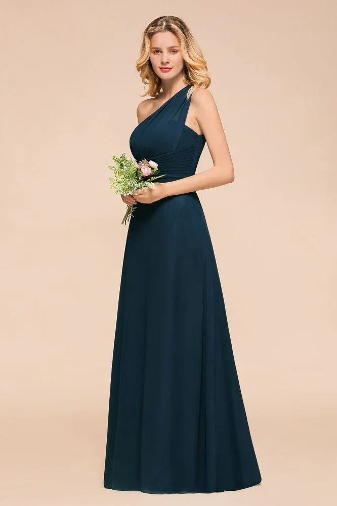 Vestido de Dama de Honra Comprido até ao Chão com Um Ombro Só, Corte em A, em Chiffon para Festa de Casamento
