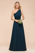Vestido de Dama de Honra Comprido até ao Chão com Um Ombro Só, Corte em A, em Chiffon para Festa de Casamento