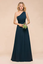 Vestido de Dama de Honra Comprido até ao Chão com Um Ombro Só, Corte em A, em Chiffon para Festa de Casamento