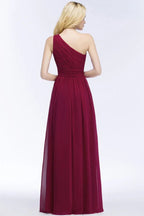 Vestidos de Dama de Honra em Chiffon Borgonha com Folhos, Comprimento até ao Chão, Corte em A e Ombro Único