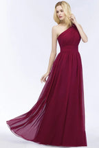 Vestidos de Dama de Honra em Chiffon Borgonha com Folhos, Comprimento até ao Chão, Corte em A e Ombro Único