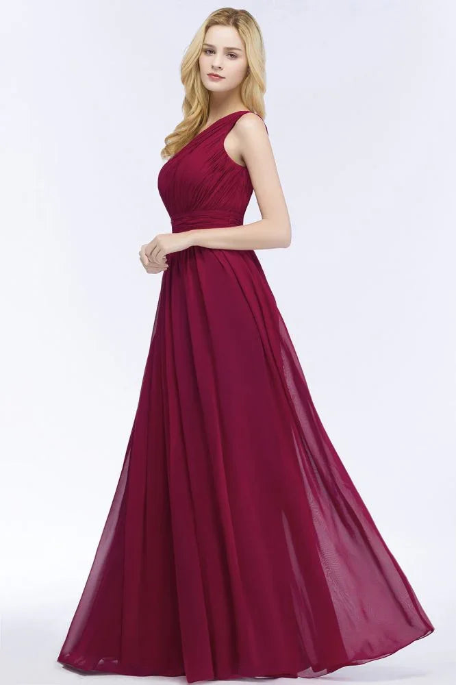 Vestidos de Dama de Honra em Chiffon Borgonha com Folhos, Comprimento até ao Chão, Corte em A e Ombro Único