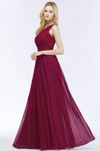 Vestidos de Dama de Honra em Chiffon Borgonha com Folhos, Comprimento até ao Chão, Corte em A e Ombro Único