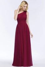Vestidos de Dama de Honra em Chiffon Borgonha com Folhos, Comprimento até ao Chão, Corte em A e Ombro Único