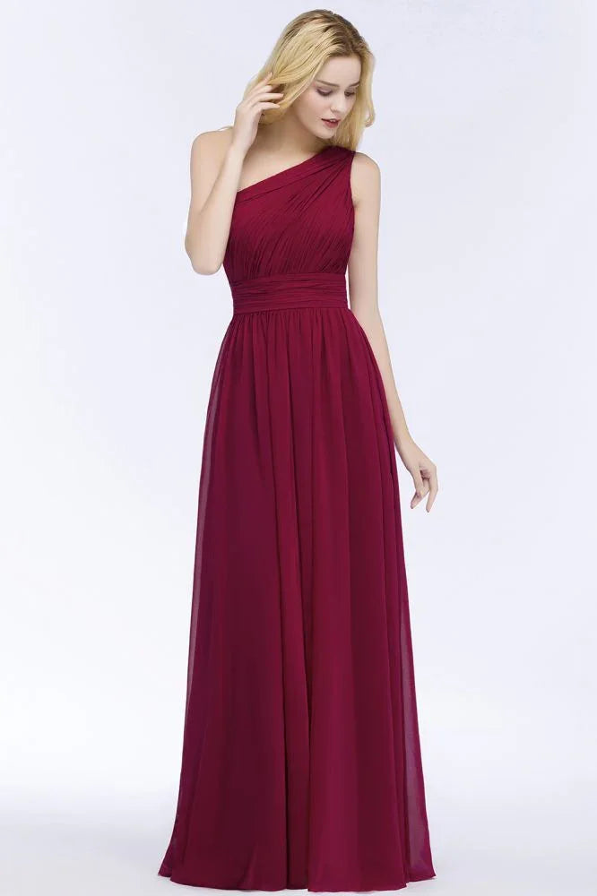 Vestidos de Dama de Honra em Chiffon Borgonha com Folhos, Comprimento até ao Chão, Corte em A e Ombro Único