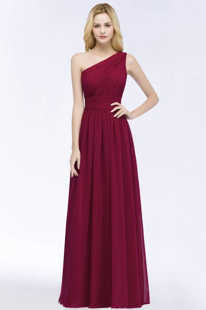 Vestidos de Dama de Honra em Chiffon Borgonha com Folhos, Comprimento até ao Chão, Corte em A e Ombro Único