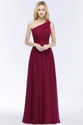 Vestidos de Dama de Honra em Chiffon Borgonha com Folhos, Comprimento até ao Chão, Corte em A e Ombro Único