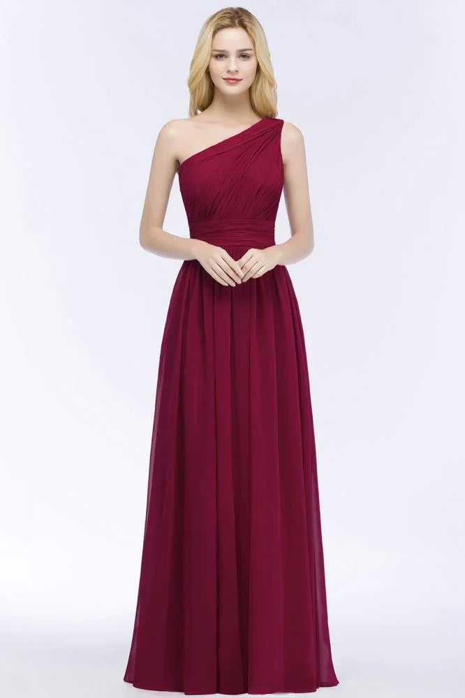 Vestidos de Dama de Honra em Chiffon Borgonha com Folhos, Comprimento até ao Chão, Corte em A e Ombro Único