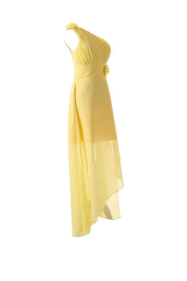 Ein-Schulter-Bodenlanger Chiffon Gelbes Brautjungfernkleid Mit Blume BD015