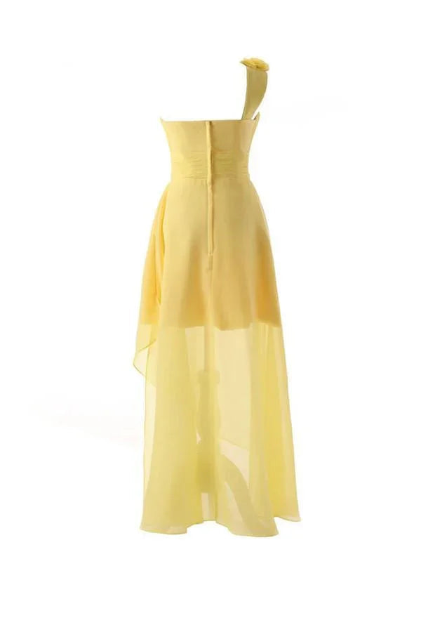 Ein-Schulter-Bodenlanger Chiffon Gelbes Brautjungfernkleid Mit Blume BD015