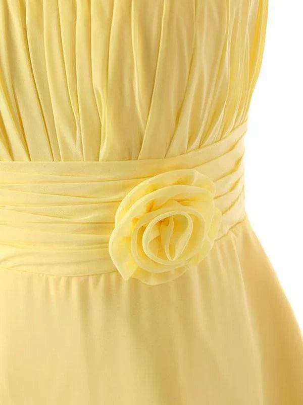 Ein-Schulter-Bodenlanger Chiffon Gelbes Brautjungfernkleid Mit Blume BD015