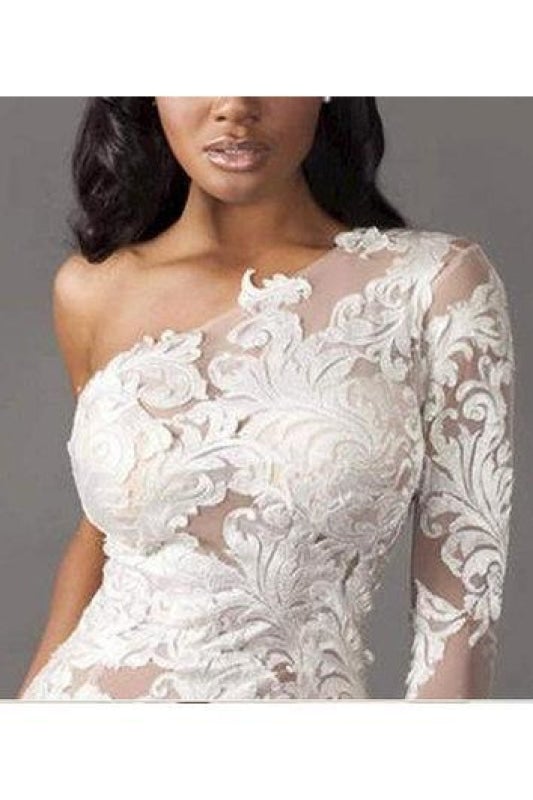 Robe de mariée élégante sirène en dentelle de tulle à manches longues et une épaule
