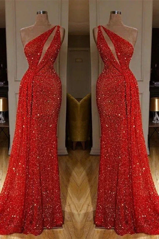 One Shoulder Red Sexy Sequins Long Prom Dresses