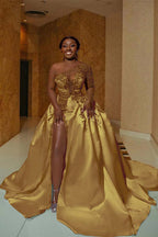 Vestido de noiva de linha A em cetim com um ombro com racha frontal e cauda