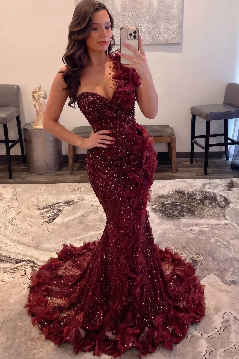 The Bordeaux Bloom - 2026 One-Shoulder Sequin Mermaid Gown: 3D Floral Appliqués & Crushed Garnet Beadwork
