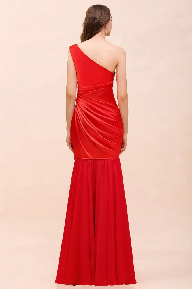 One Shoulder Strech Satin Red Ruffle Bridesmaid Dress Floor Length/Mini Party Dress